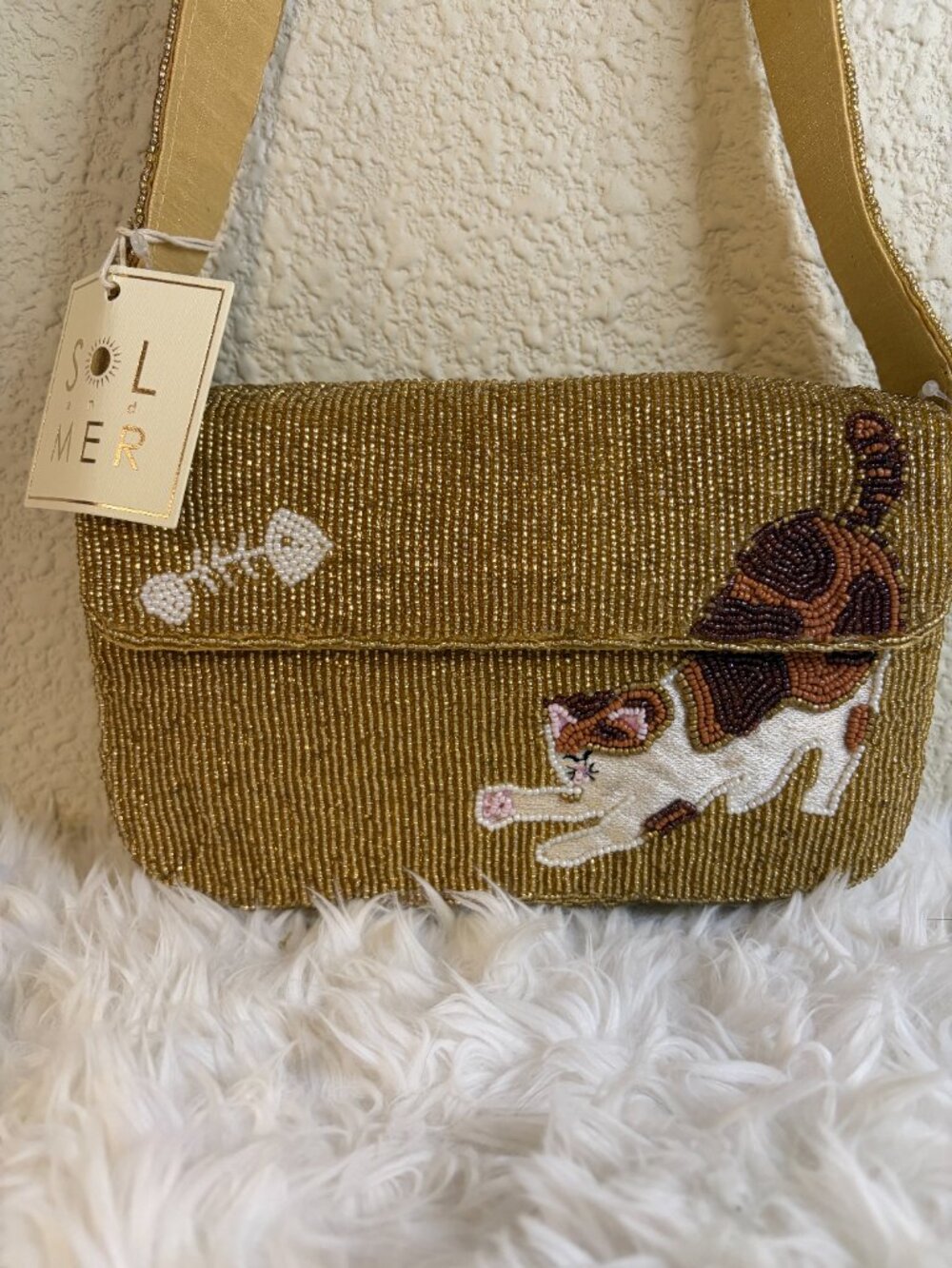 Viral Beaded Cat Gold Shoulder Bag Calico Kitty Fish Bone Novelty Purse NWT - Picture 2 of 7